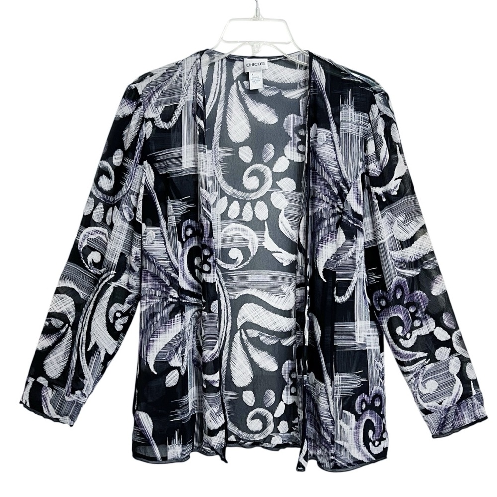 Chico's Silk Sheer Cardigan Jacket M 8 Quiet Luxury Abstract Career Office